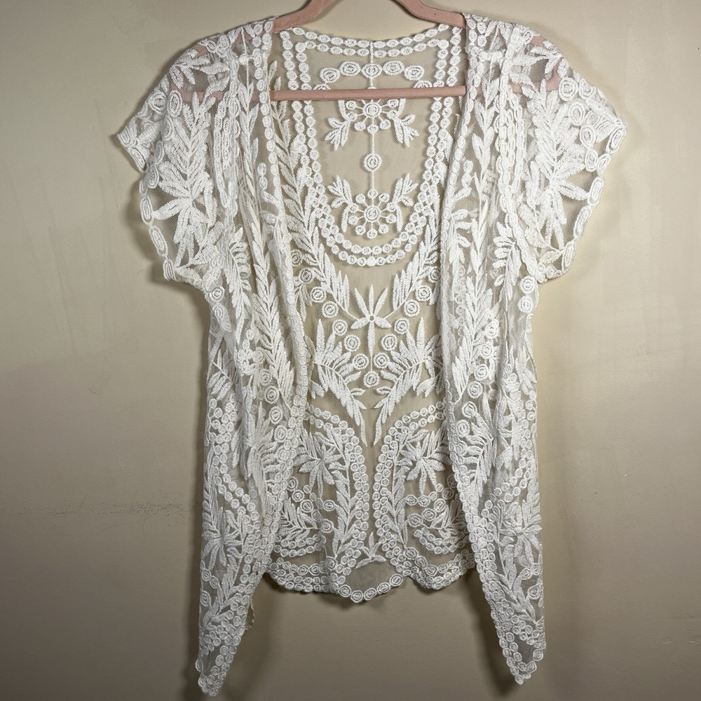 Ivory Floral Crochet Lace Kimono Cardigan Womens S Bohemian Beach Layer Cover Up
